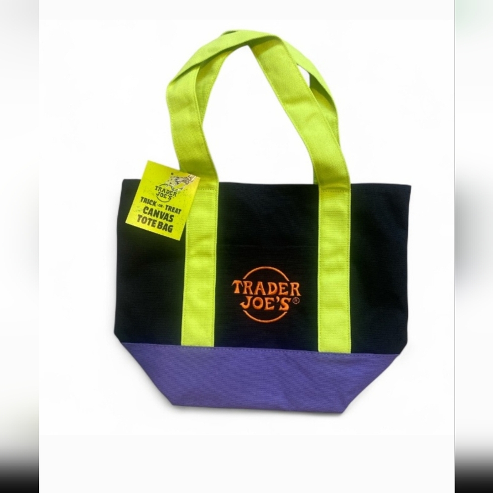 Trader Joe’s Halloween Trick Or Treat Canvas Mini Tote Bag Solid Black Green NWT